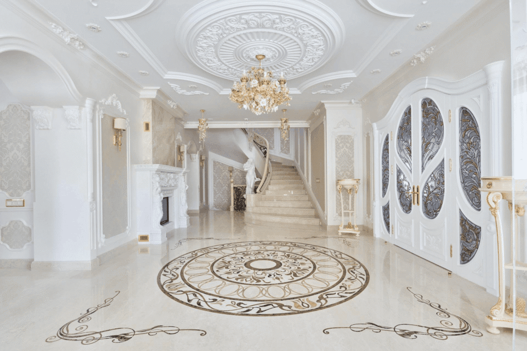 Elegant Classical interior design styles showcasing symmetrical architectural moldings, antique furniture, and grand crystal chandeliers