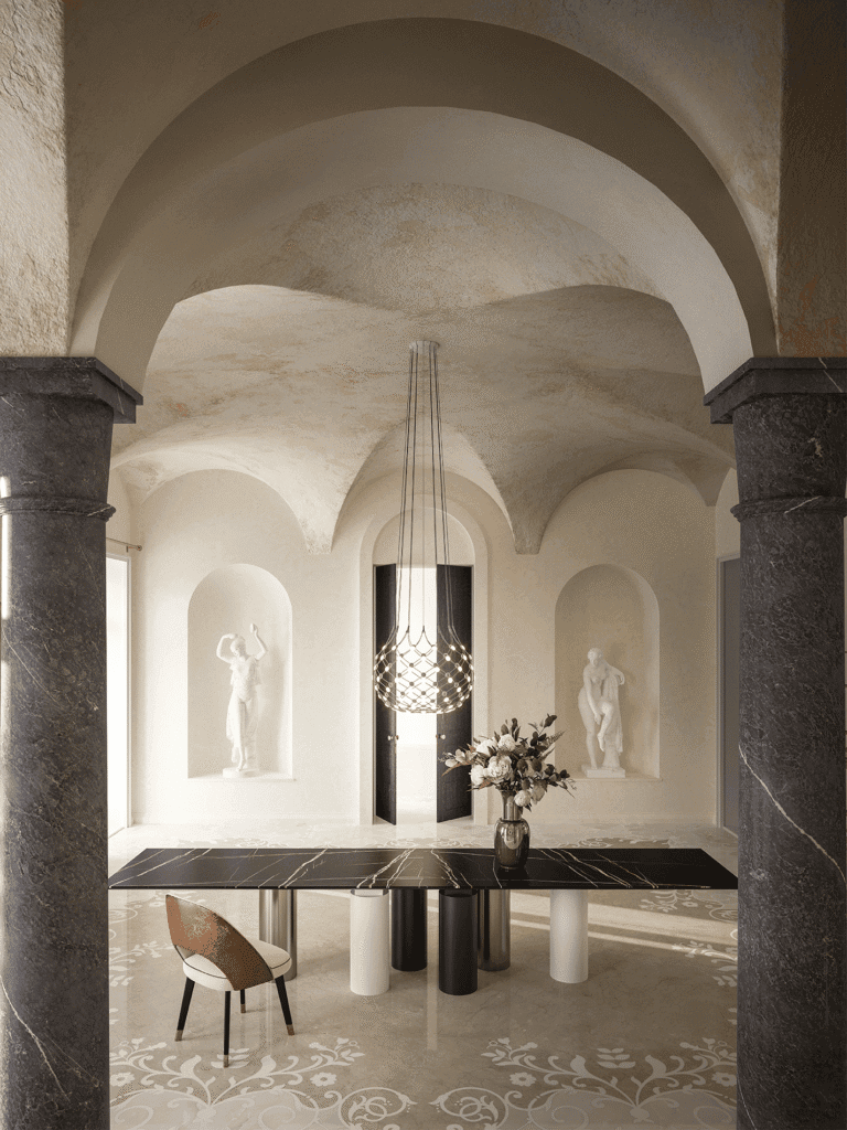 Luxurious Italian Villa interior design style featuring stone accent walls, arched doorways, and warm Earth-toned decor