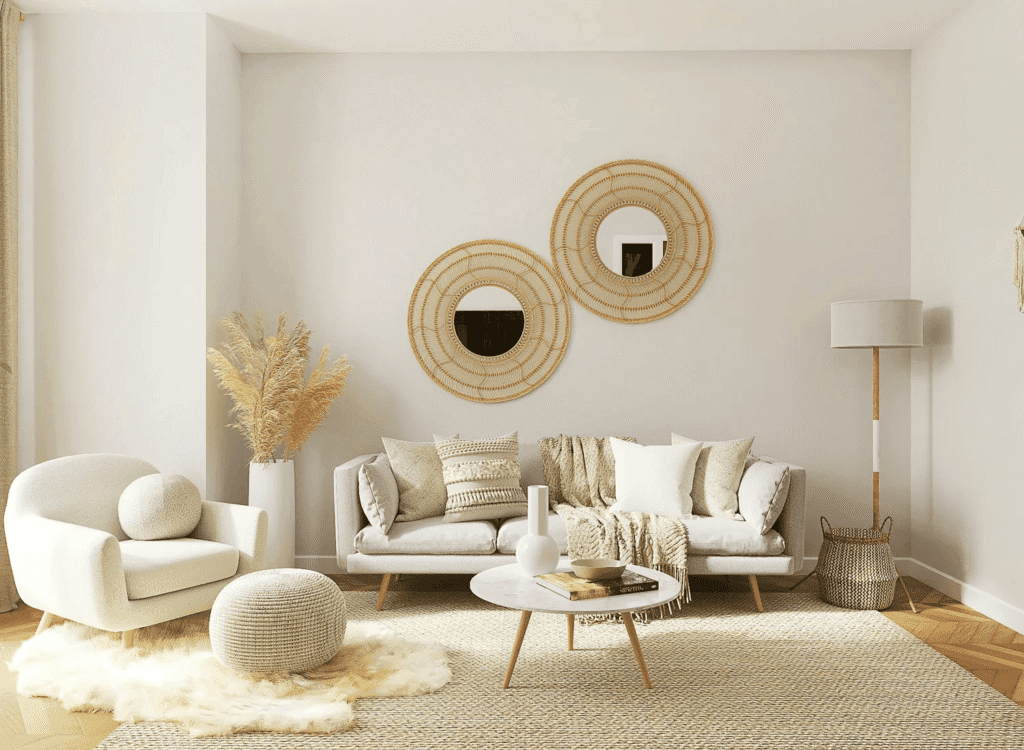 Minimalist Scandinavian interior design styles featuring light wood furniture, clean lines, and neutral textiles in a bright room