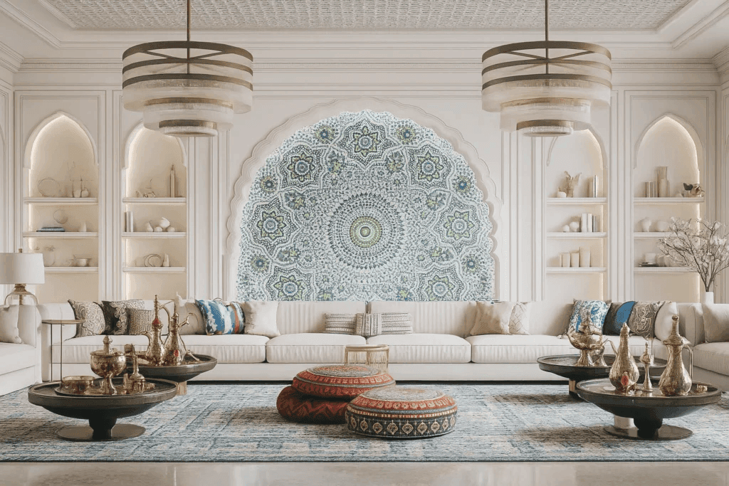 Vibrant Moroccan interior design style showcasing intricate mosaic tiles, plush floor poufs, and ornate metal lanterns