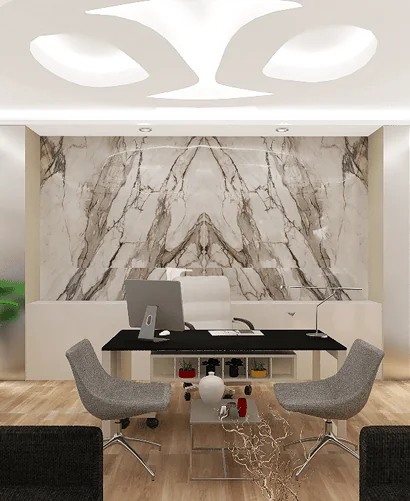 marble feature wall office designed by an interior design team in dubai