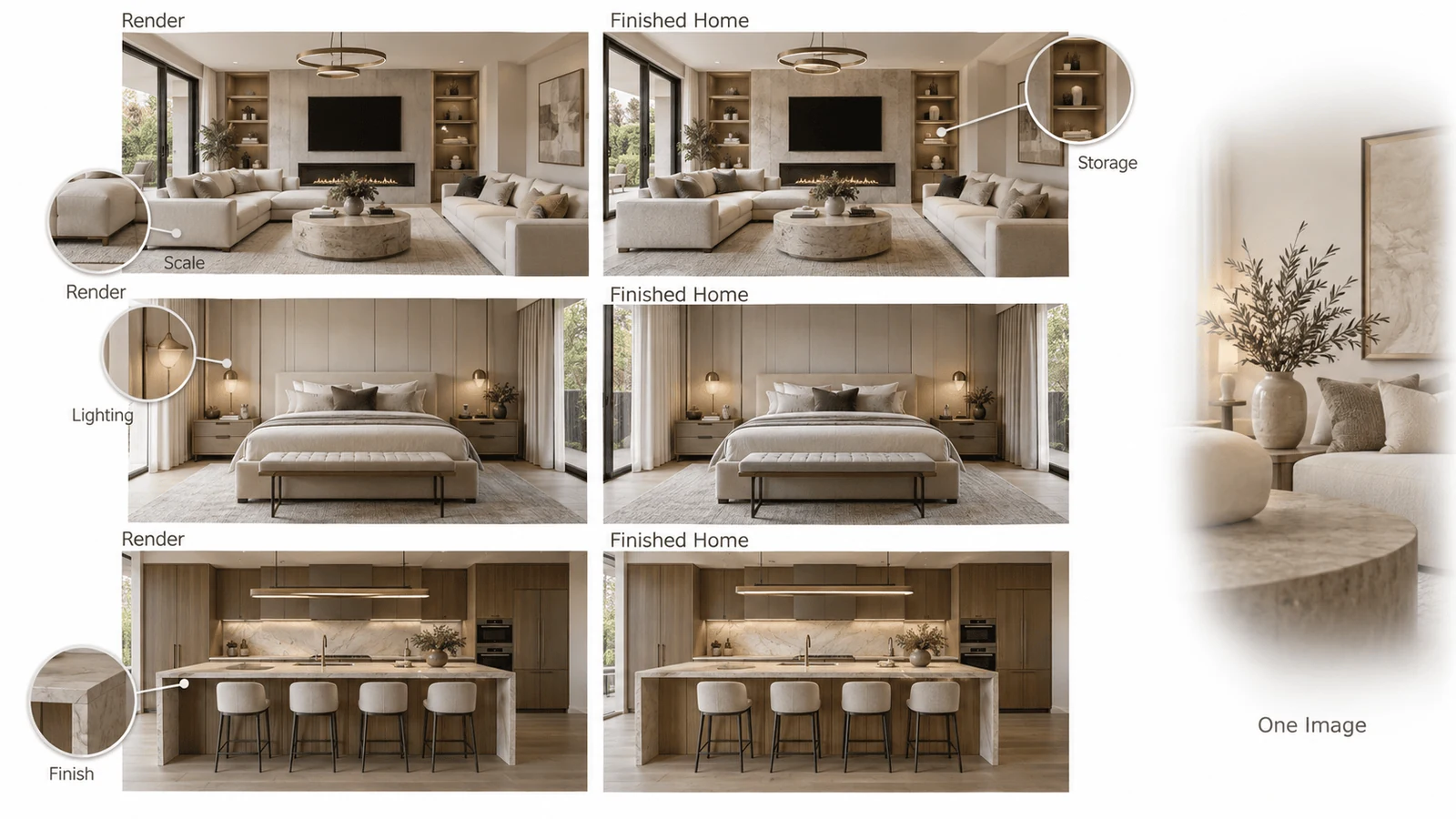 comparison of interior designer render images against finished luxury rooms