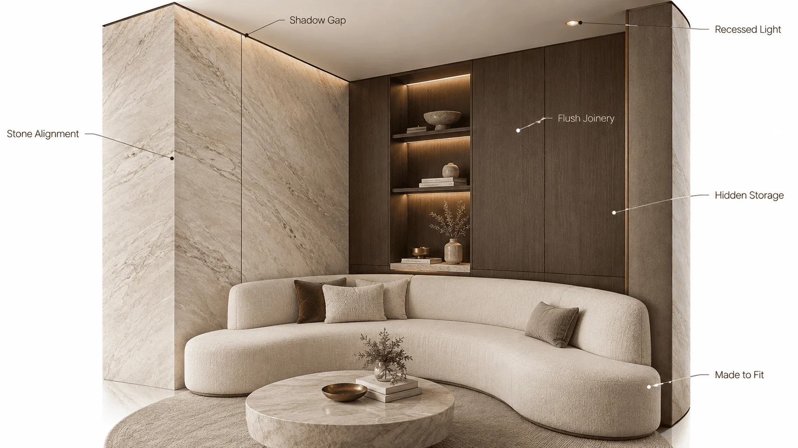 luxury interior design details showing stone alignment flush joinery and hidden storage