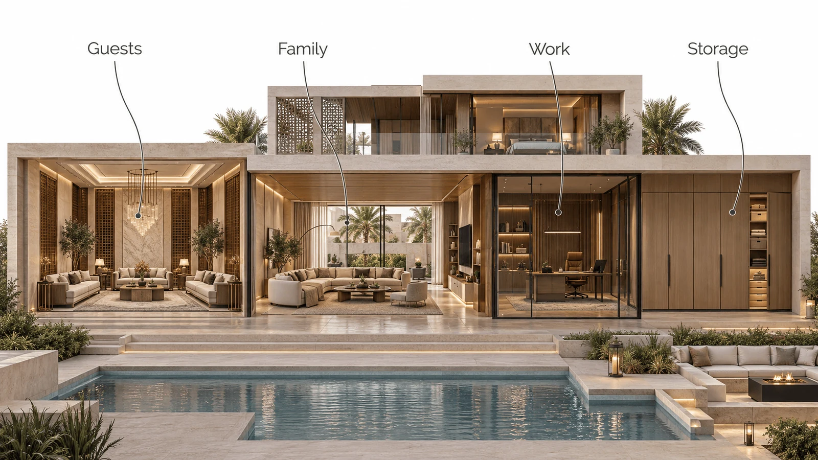 luxury home zones for guests family work and storage planned by an interior designer